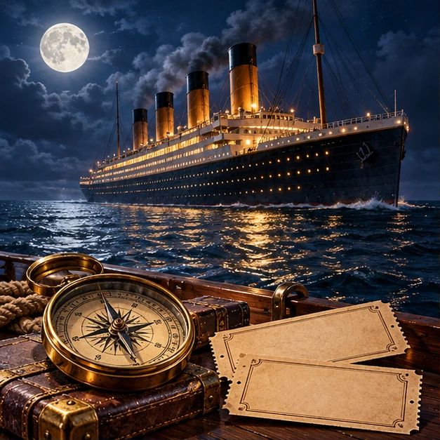 Illustrated ocean liner at night with two tickets in the foreground