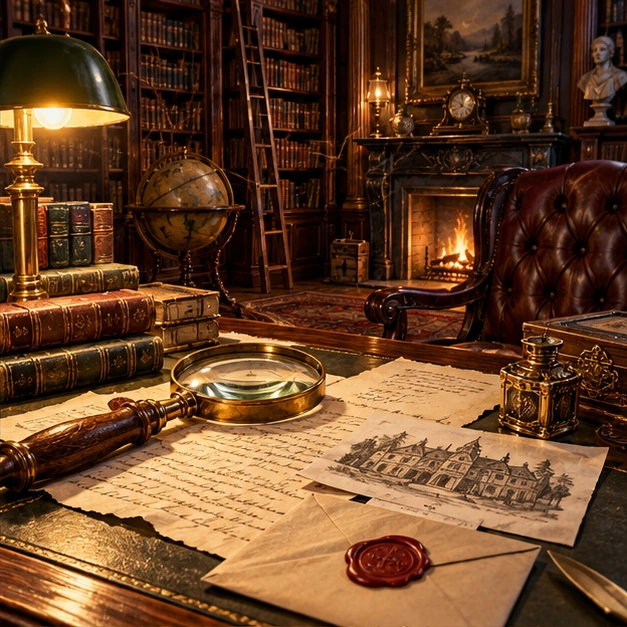 Illustrated manor library with a magnifying glass and sealed evidence
