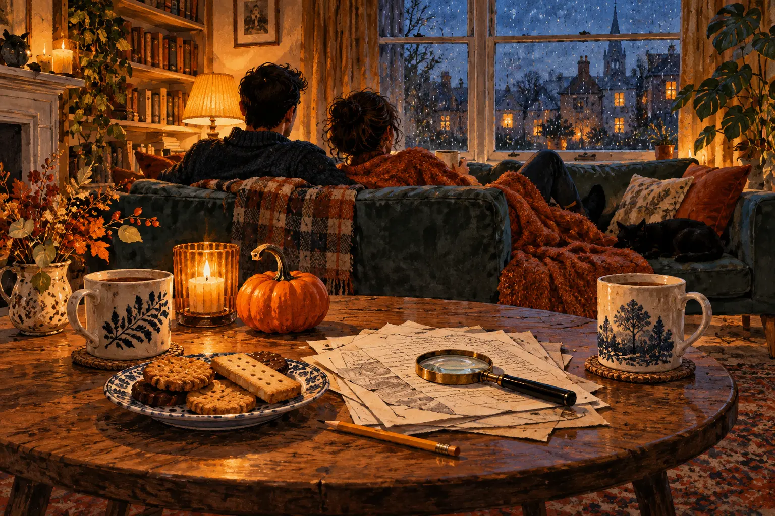 Gouache illustration of a couple on a sofa, autumn rain outside and mystery papers and biscuits on a table