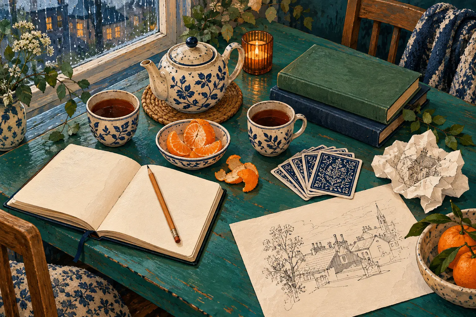 Books, tea, cards and sketches on a teal table beside a rainy window