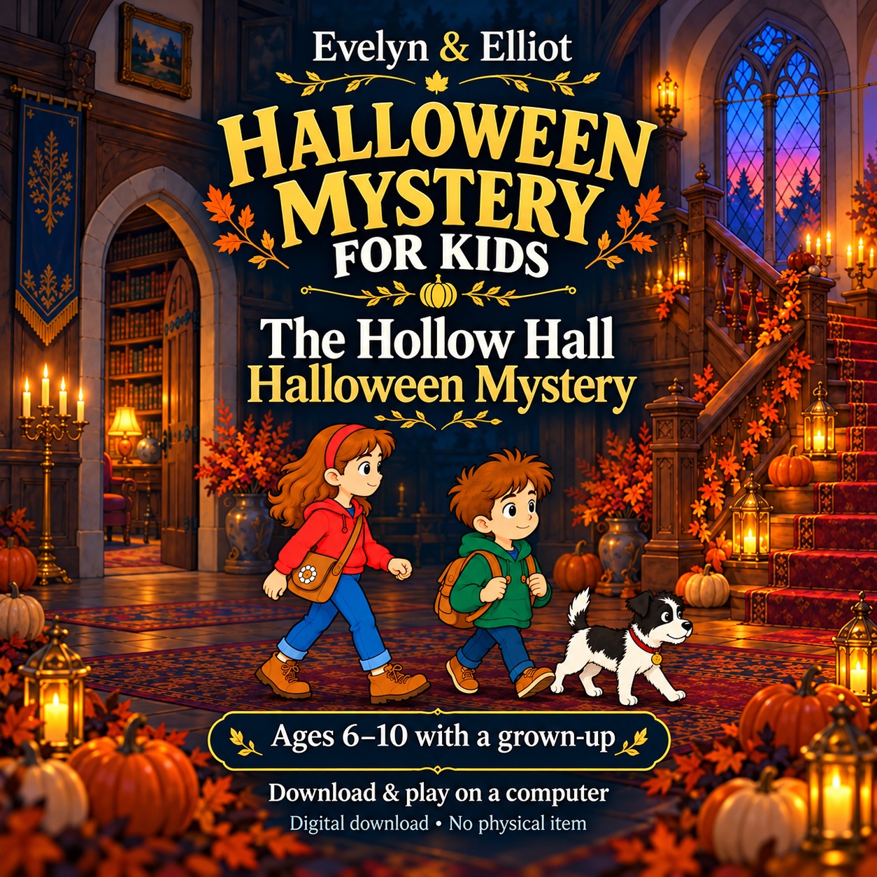 Evelyn, Elliot and Ozzy exploring the lantern-lit Hollow Hall